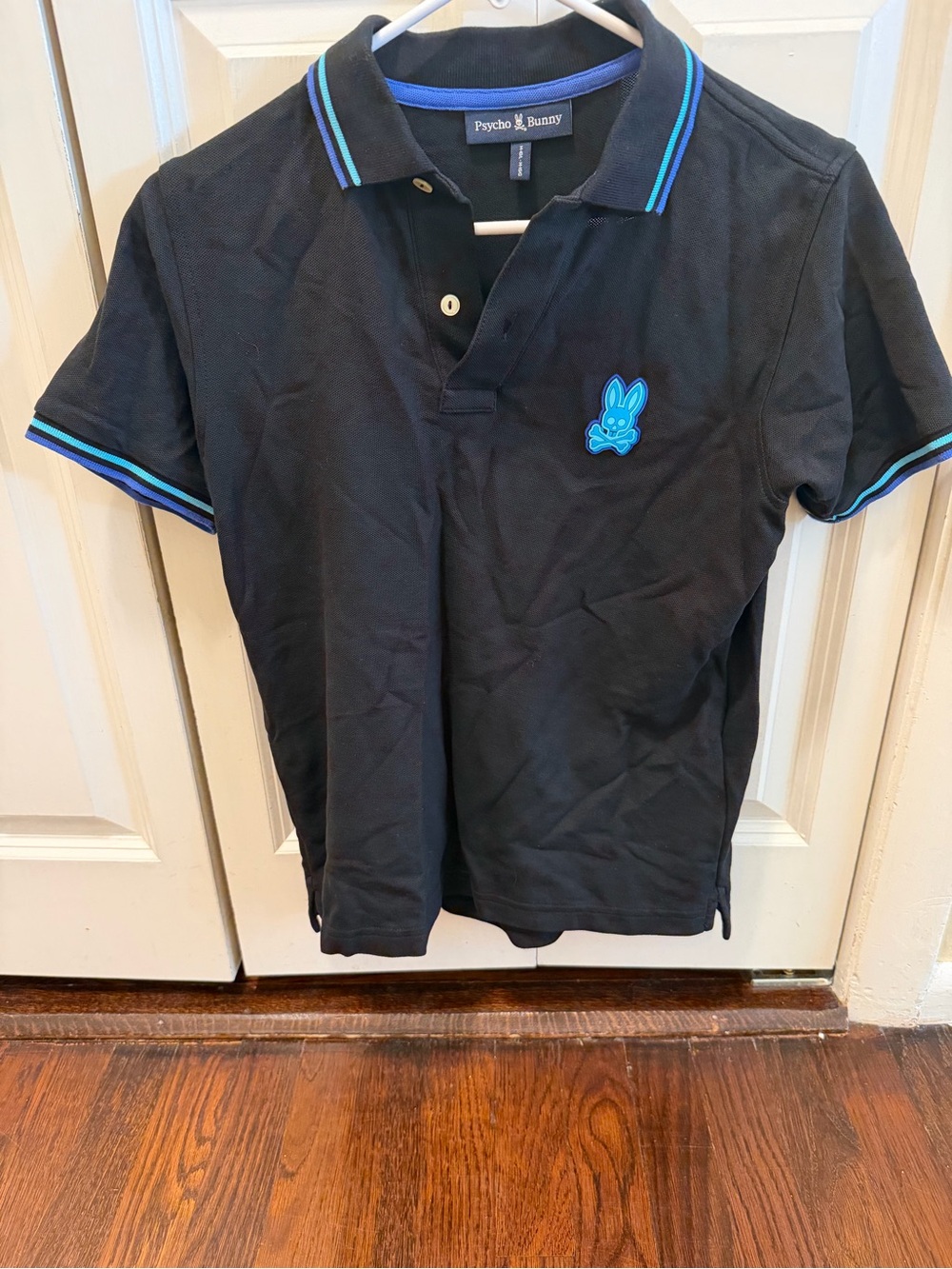 Psycho Bunny Black Polo with Blue Trim and Logo size L (14-16)